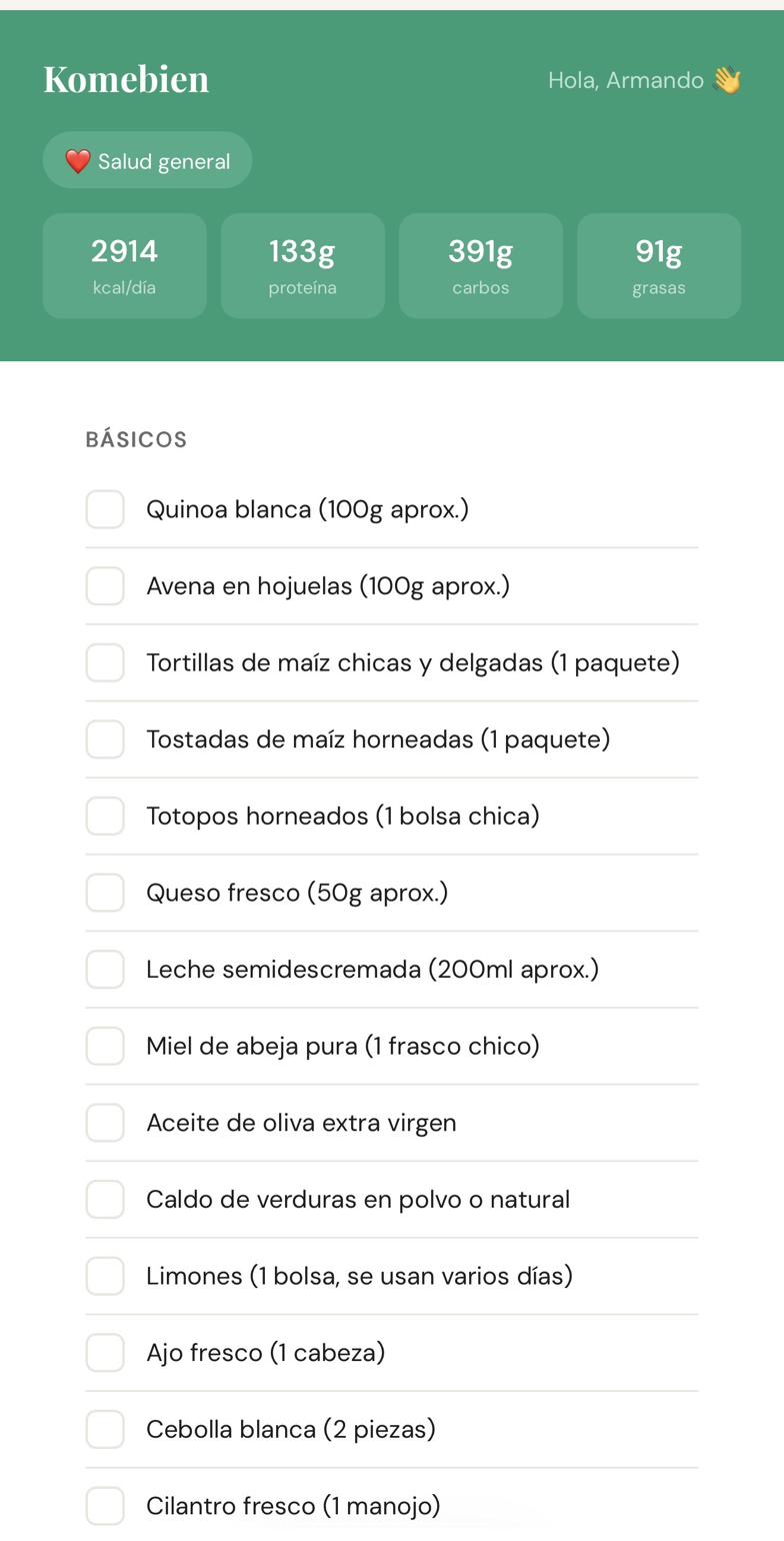 Lista de compras en Komebien